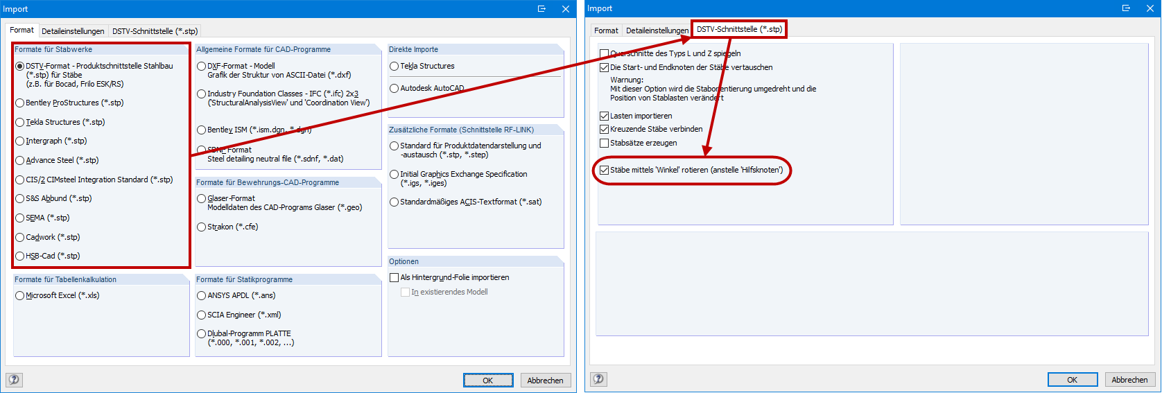 Impostazioni dettagliate per l'importazione di DSTV