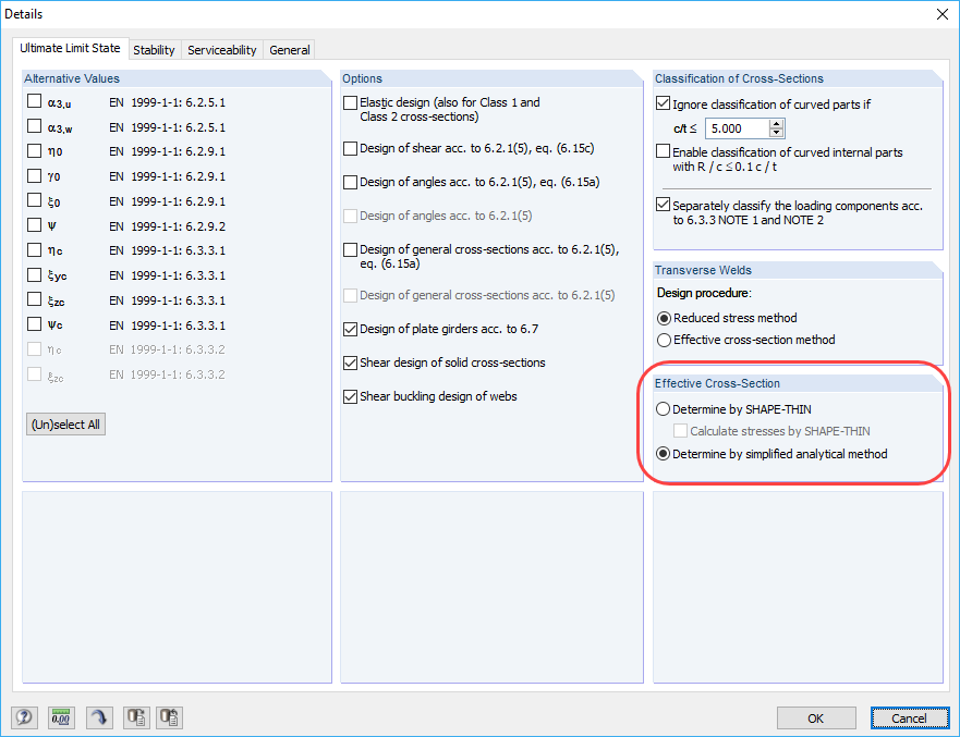 Metodo di calcolo della sezione trasversale efficace in dettaglio