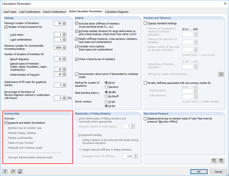 Parametri di calcolo con non linearità nella struttura inserita