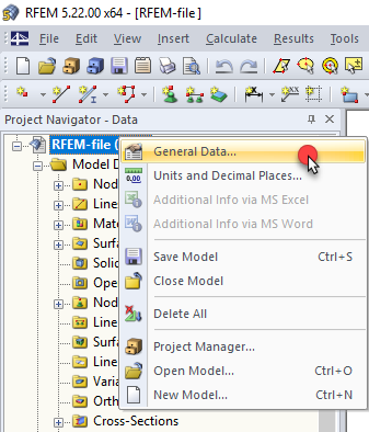 Apertura dei dati generali tramite il menu di scelta rapida del file