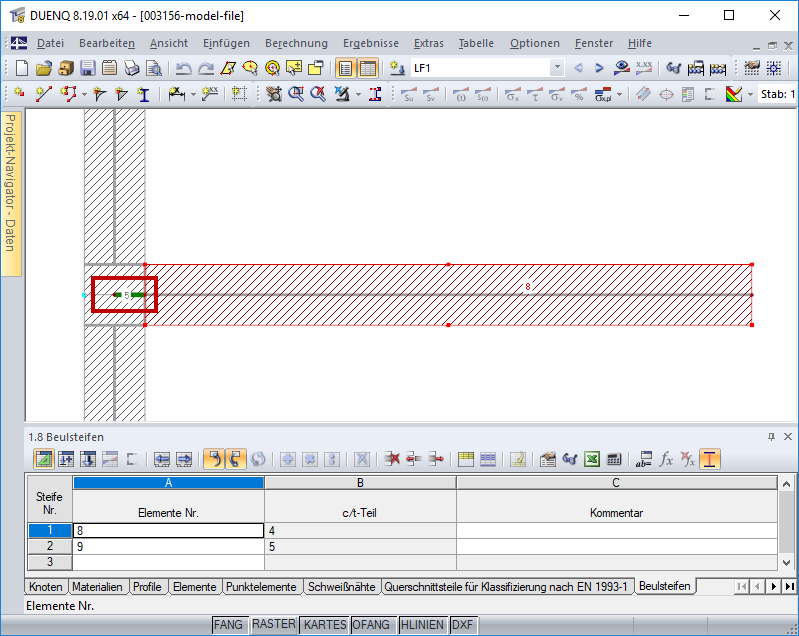 Irrigidimento collegato al pannello con elemento nullo