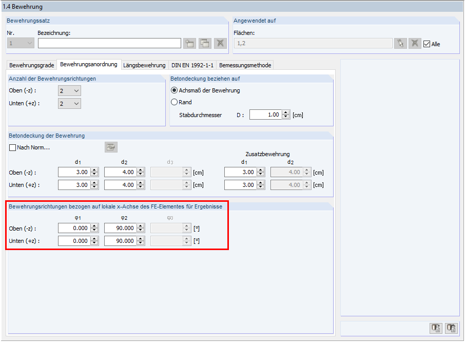 Definizione della direzione dell'armatura in RF-CONCRETE Surfaces