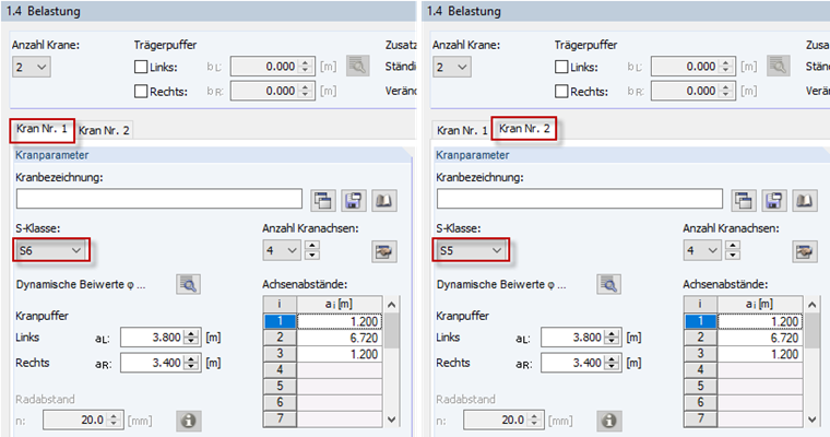 Definizione della classe S per le singole gru