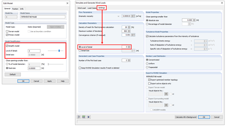 Impostazione del livello di dettaglio in RWIND Simulation (a sinistra) e in RFEM (a destra)