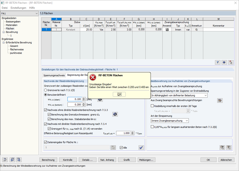 Messaggio di errore durante l'immissione della larghezza della fessura 