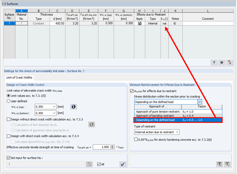 Finestra di input "1.3 Superfici" con impostazione per "Limite delle larghezze delle fessure"