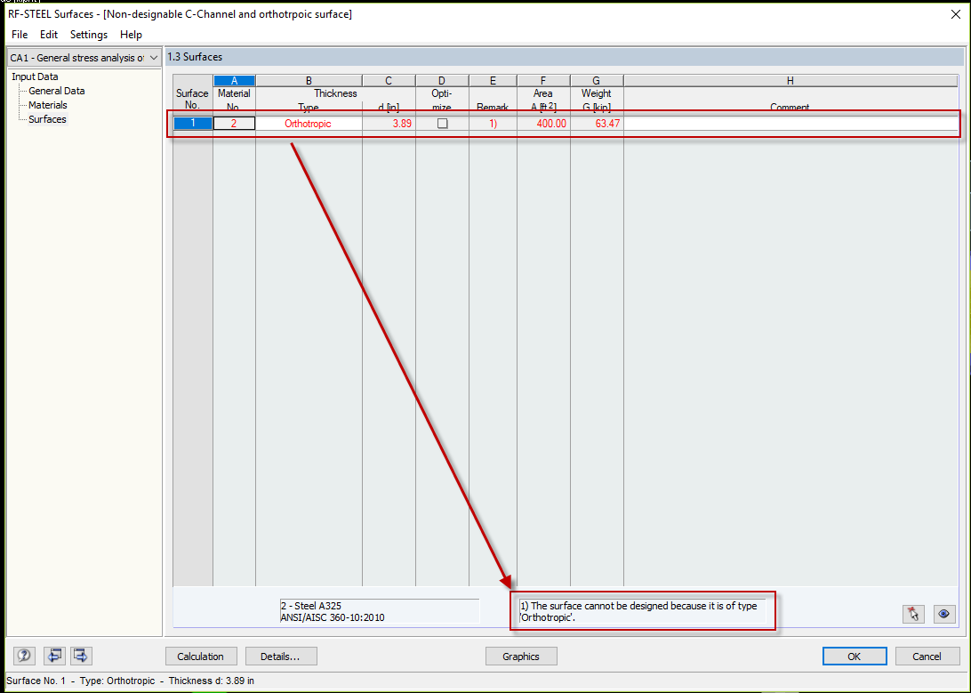 Superficie ortotropa non progettabile nel modulo aggiuntivo RF-STEEL Surfaces