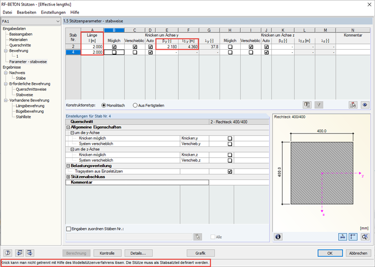 Messaggio di avviso per le colonne divise