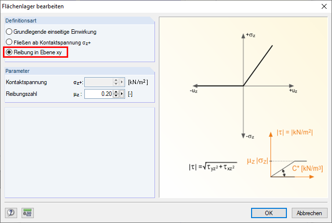 Selezione dell'opzione "Attrito nel piano xy" con la definizione del coefficiente di attrito