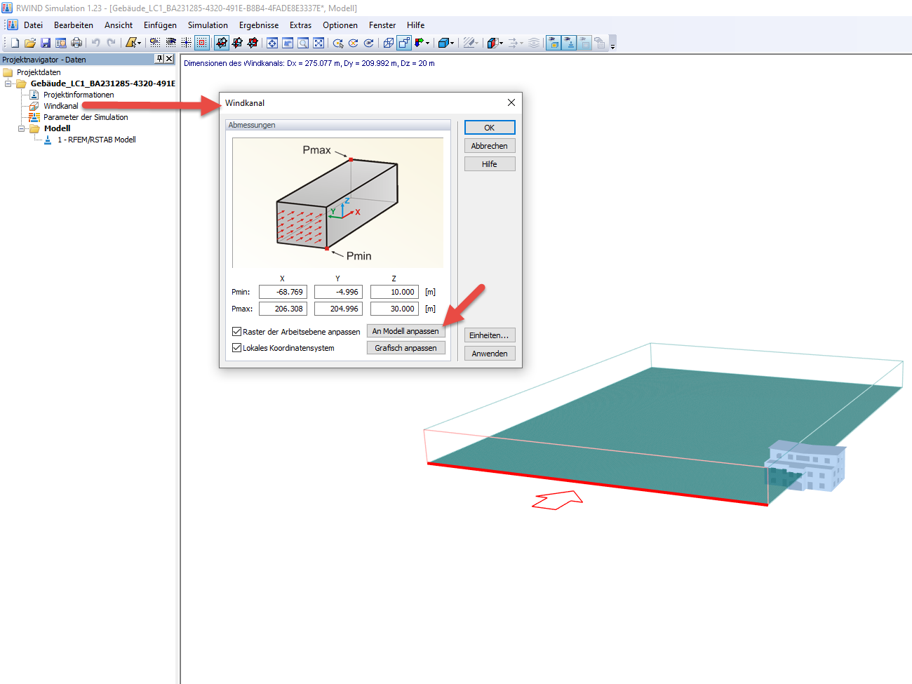 Regolazione delle dimensioni della galleria del vento