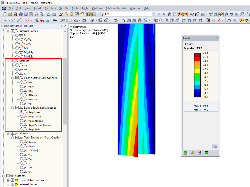 Visualizzazione delle tensioni risultanti sulle aste