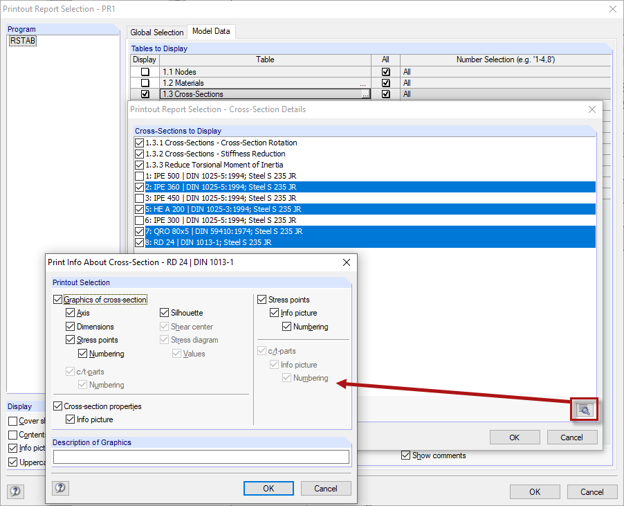 Informazioni di stampa sulla sezione trasversale