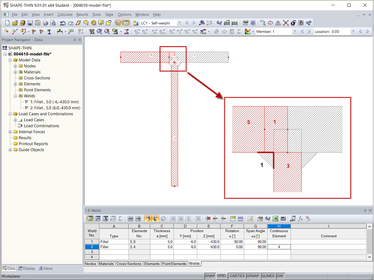 Elementi 1, 3 e 5 collegati alla saldatura 1 (contrassegnati in rosso)