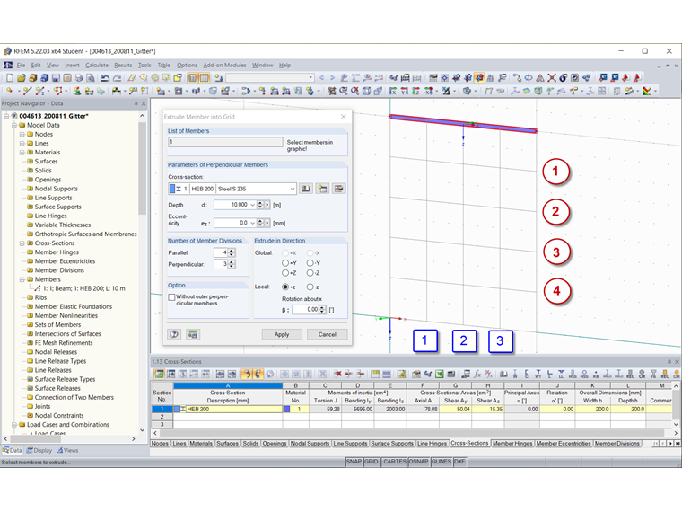 Finestra di dialogo "Estrudi asta nella griglia"