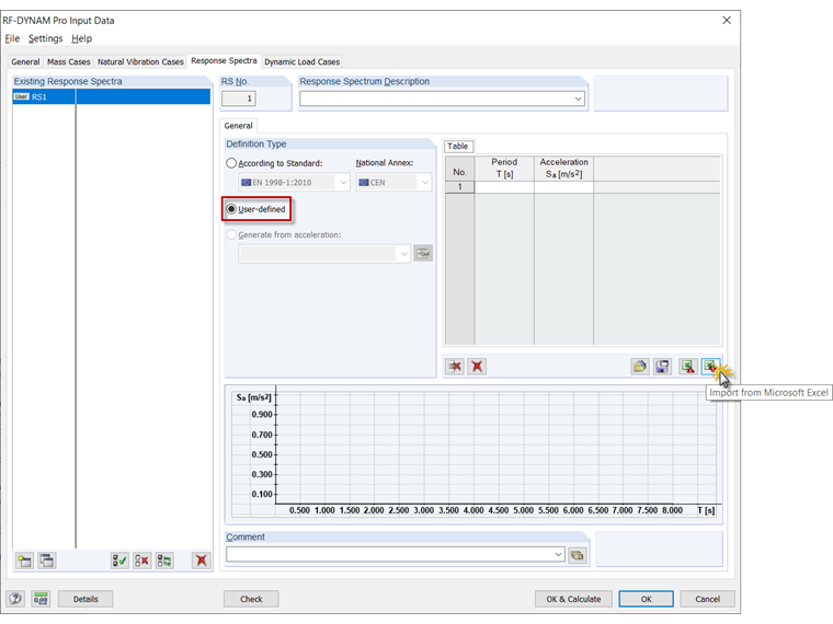 Importazione di parametri dello spettro di risposta definito dall'utente da Excel