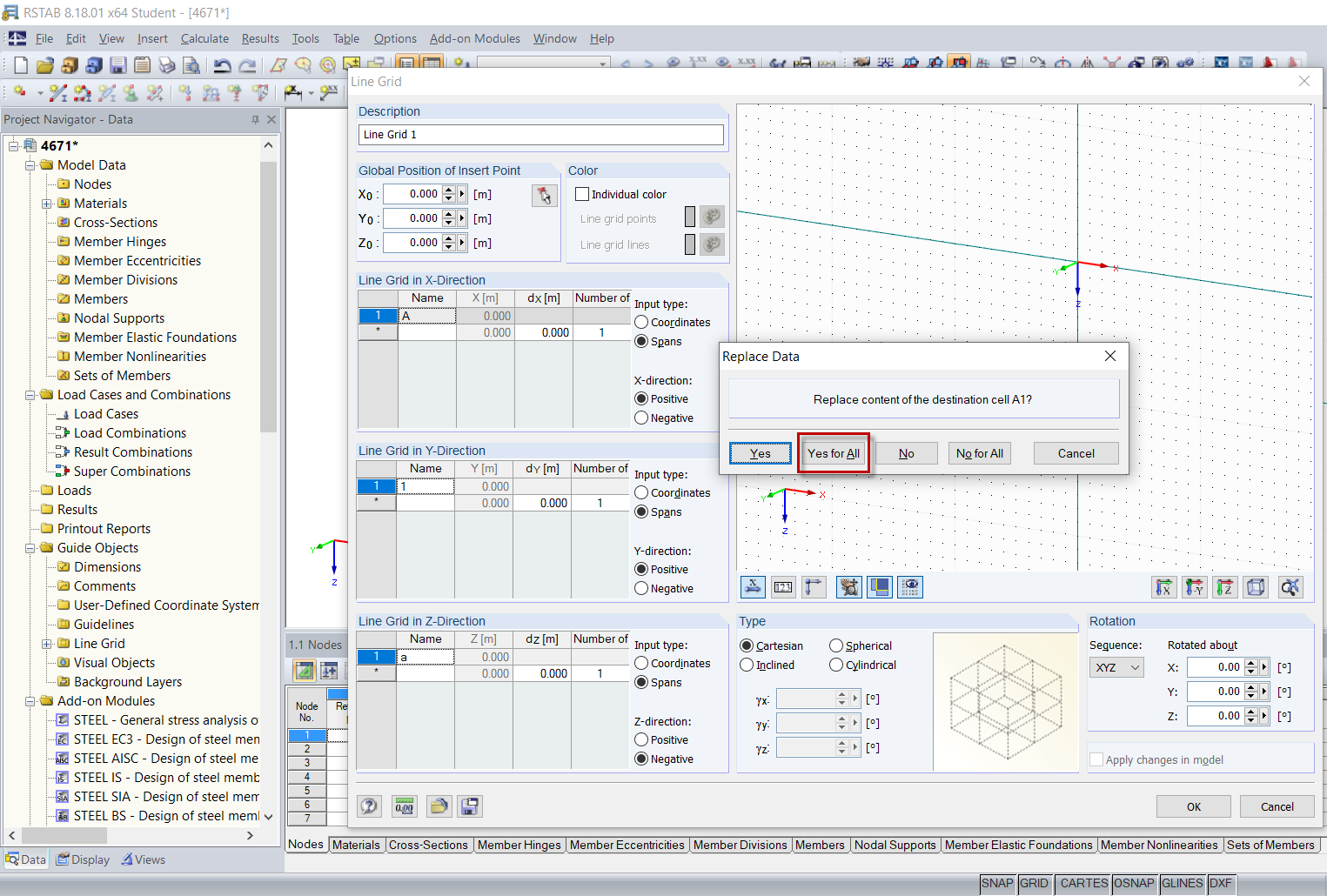 Inserimento di valori nella tabella della griglia di linee