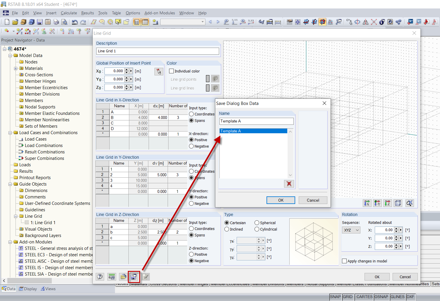 Salvataggio della griglia di linee come modello