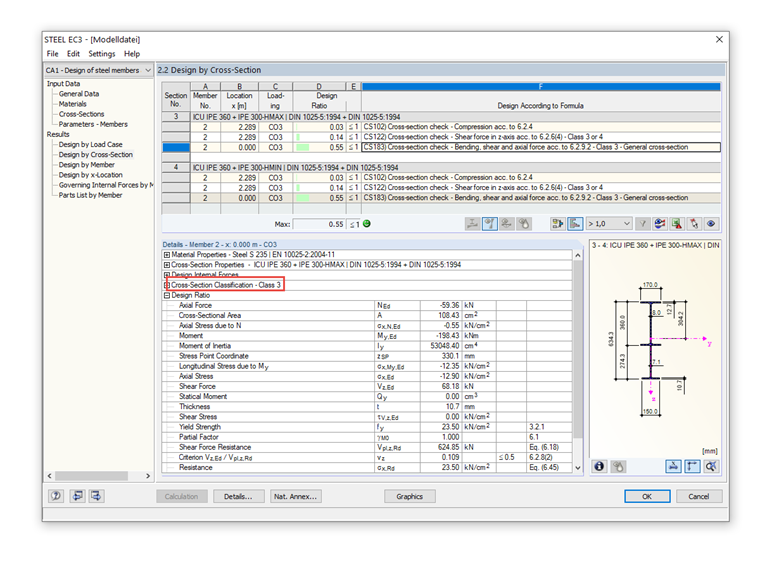 Output della classe della sezione trasversale