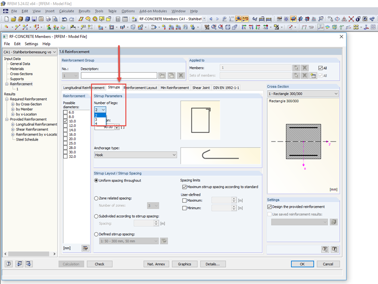 Parametri della staffa: Numero di bracci delle staffe