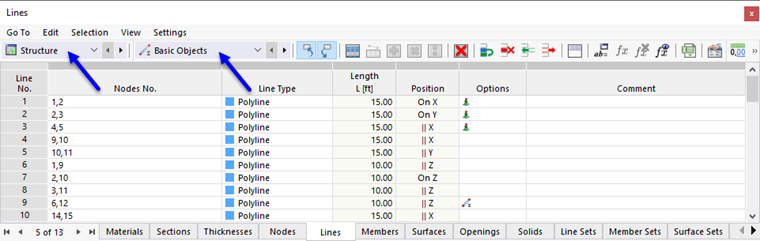 Tabelle per gli oggetti base della categoria 'Struttura' e della sottocategoria ' '