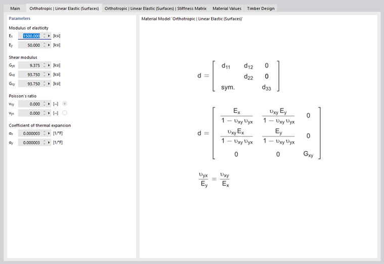 Matrice di rigidezza per materiale elastico lineare ortotropo (superfici)