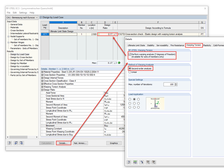 Esecuzione dell'analisi di stabilità secondo l'analisi del secondo ordine come controllo della sezione trasversale con STEEL Warping Torsion