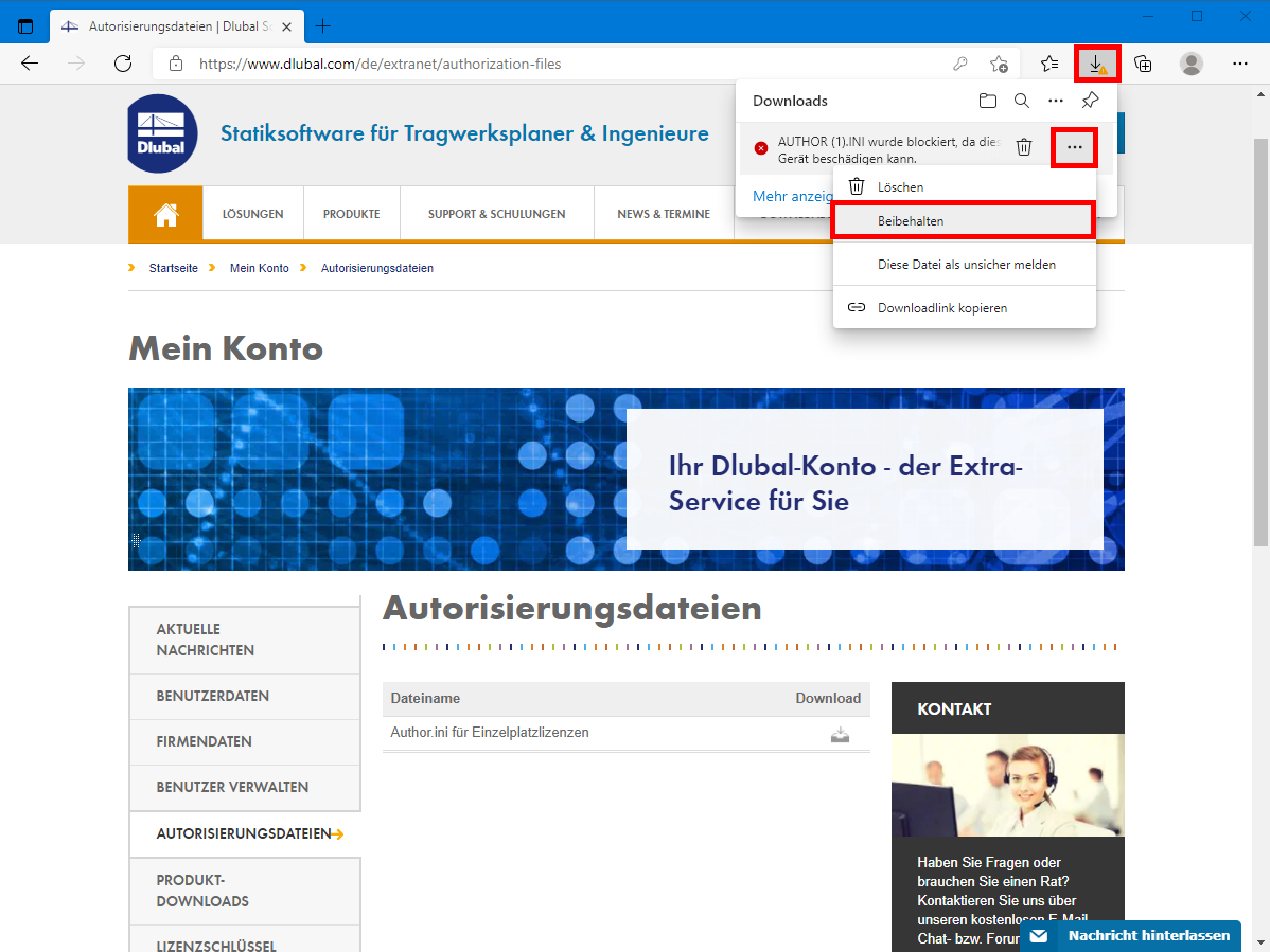 FAQ 005015 | Ich kann die Autorisierungsdatei nicht herunterladen bzw. wird diese vom Browser blockiert. Come posso ottenere il file?