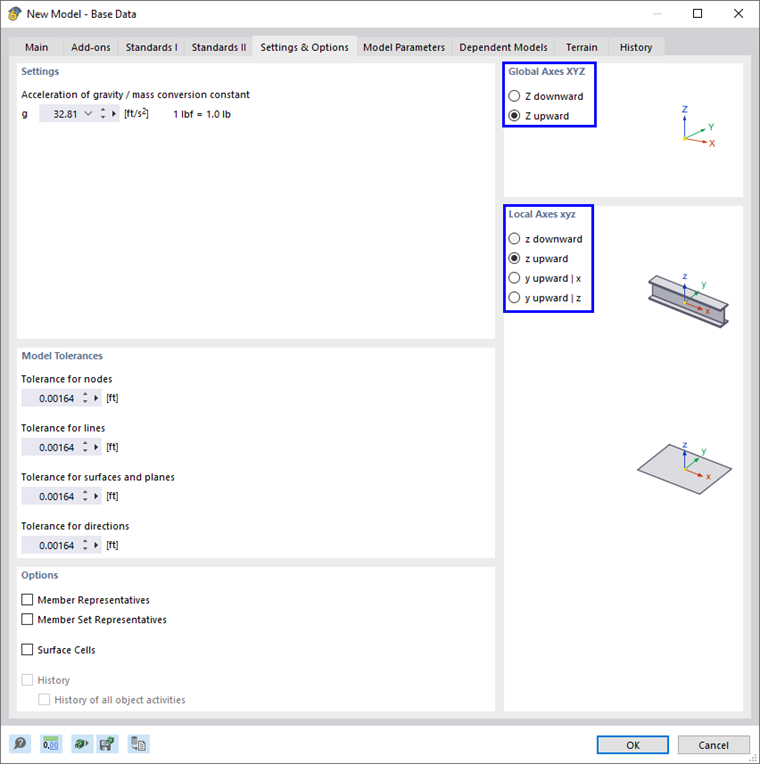 Scheda "Impostazioni e opzioni" per gli assi