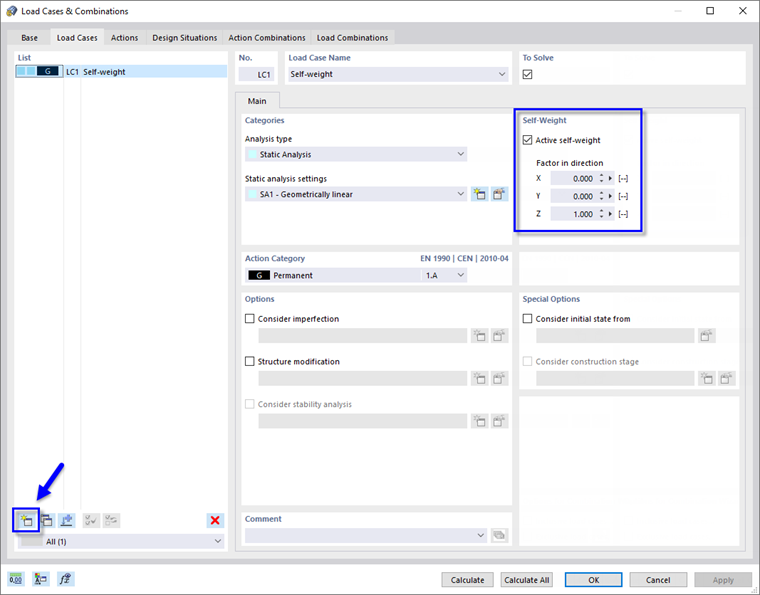 Finestra di dialogo 'Casi e combinazioni di carico'