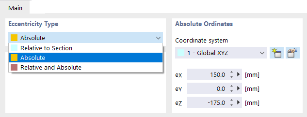 Selezione del tipo di eccentricità e definizione delle ordinate assolute