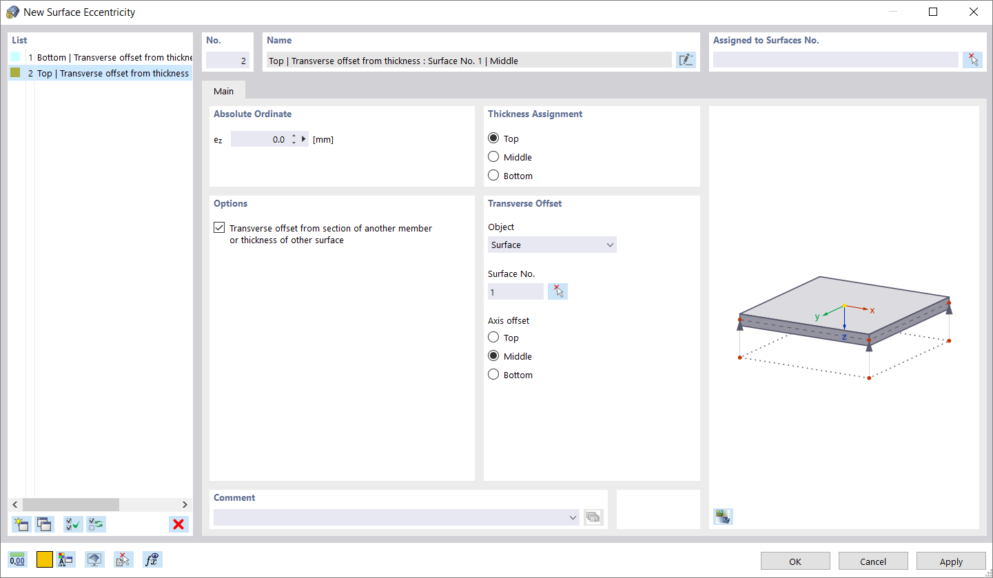 'Nuova eccentricità della superficie'Finestra di dialogo