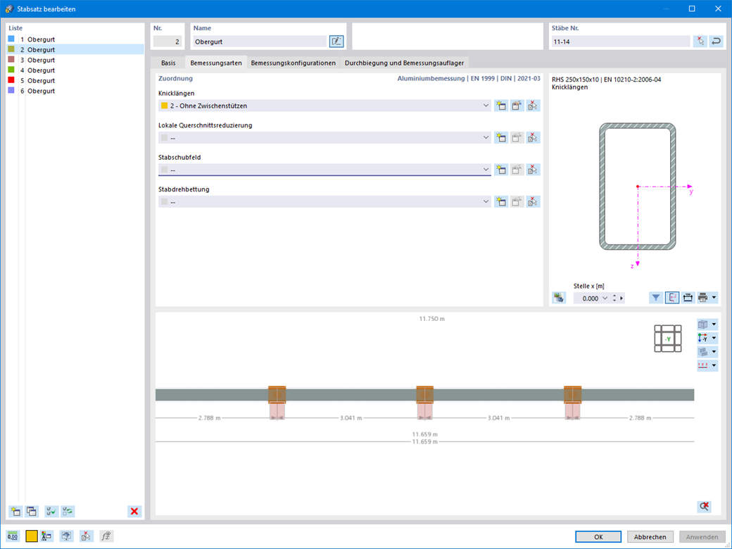 Tabella per la modifica dei set di barre con enfasi sui tipi di verifica e sulle sezioni in alluminio.