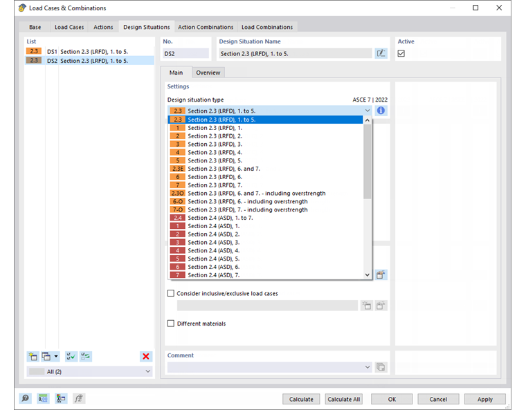 Finestra di dialogo 'Casi e combinazioni di carico', scheda 'Situazioni di Progetto'