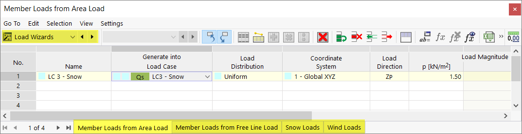 Creazione guidata di carichi nella tabella