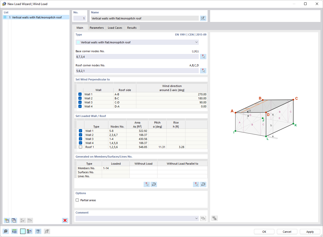 Finestra di dialogo "Nuovo creazione guidata di carichi | Carico del vento"