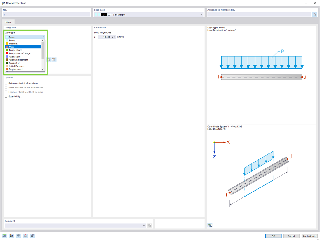 Tipo di carico "Carico della massa" nel catalogo dei carichi