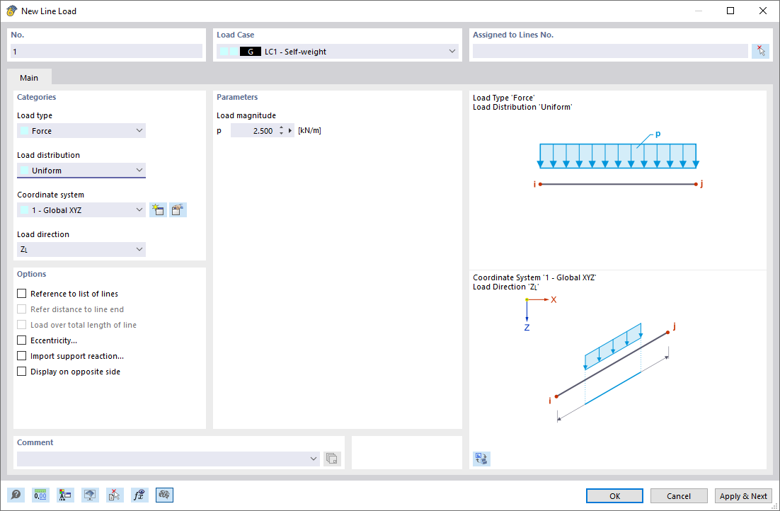 Finestra di dialogo 'Nuovo carico di linea'