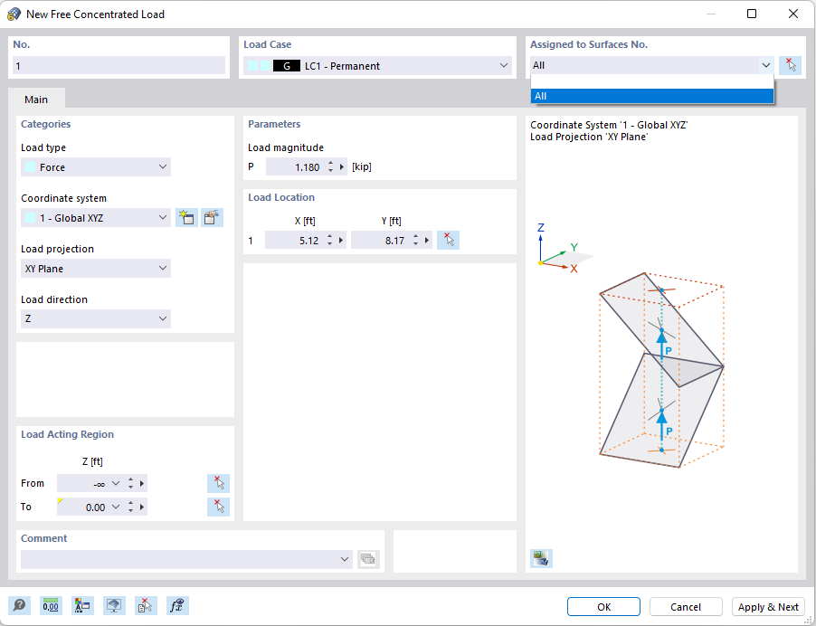 Finestra di dialogo 'Nuovo carico concentrato libero'