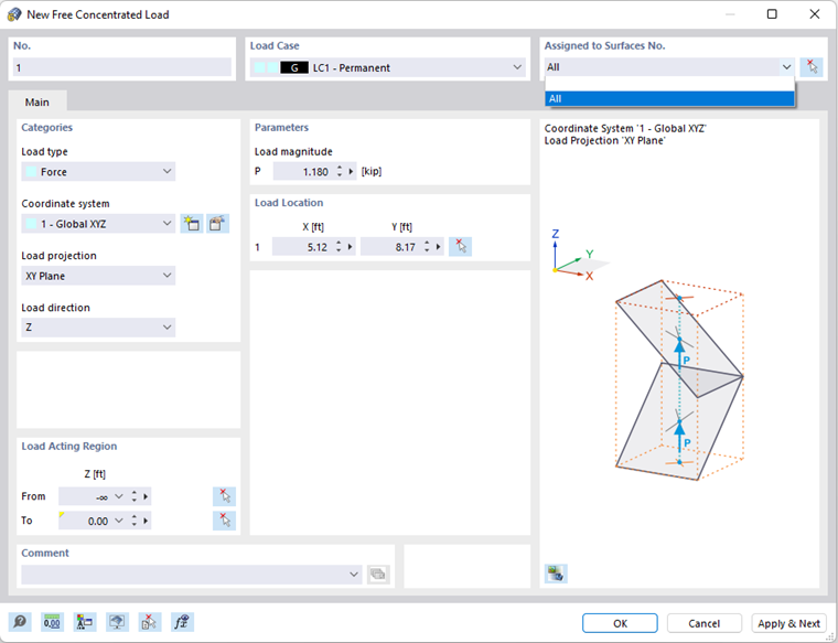 Finestra di dialogo 'Nuovo carico concentrato libero'