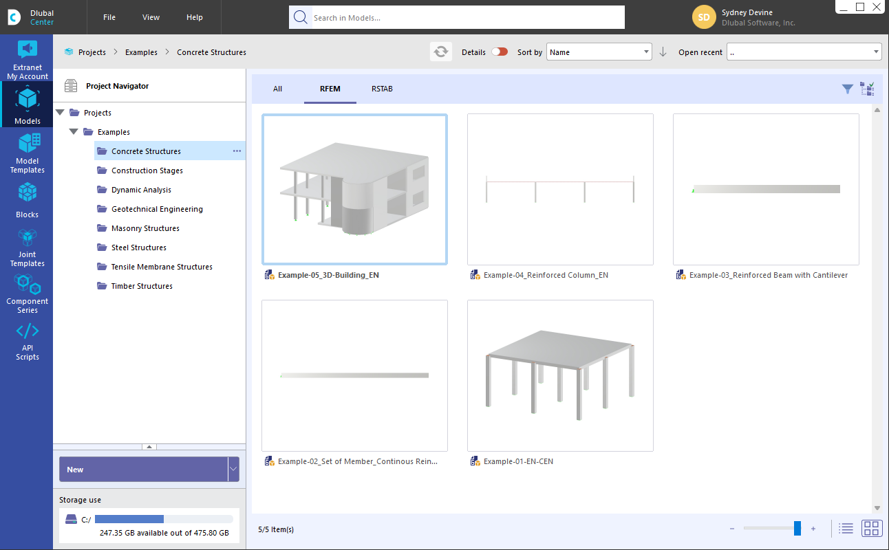 Navigatore progetti nel Dlubal center