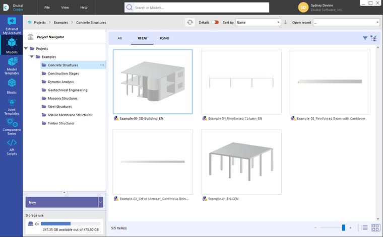 Navigatore progetti nel Dlubal center