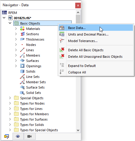 Modifica dei dati di base tramite il menu di scelta rapida