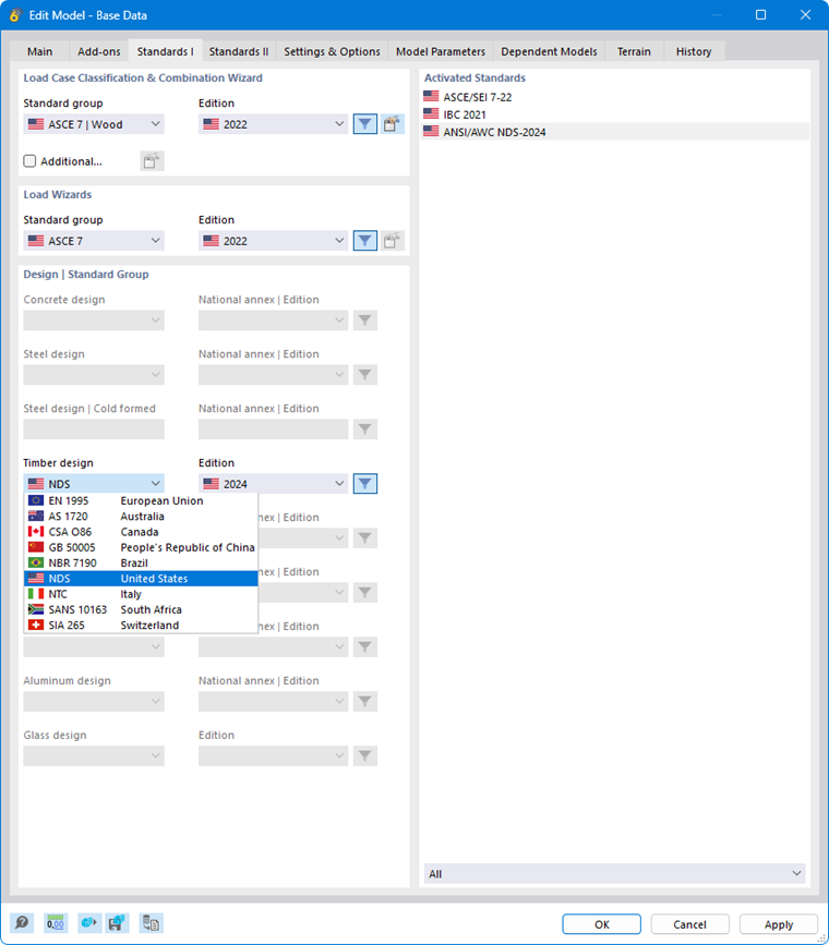 Selezionare la norma per il dimensionamento del legno