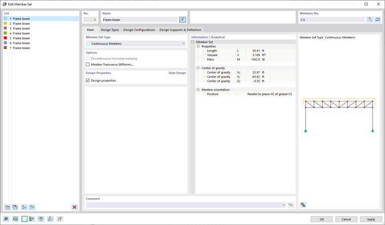 Finestra di dialogo "Modifica set di aste", proprietà di verifica attivate per verifica acciaio