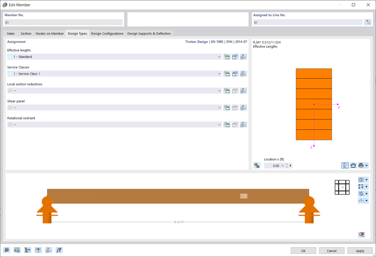 Finestra di dialogo 'Modifica asta', scheda 'Tipi di progetto' per la verifica di strutture in legno