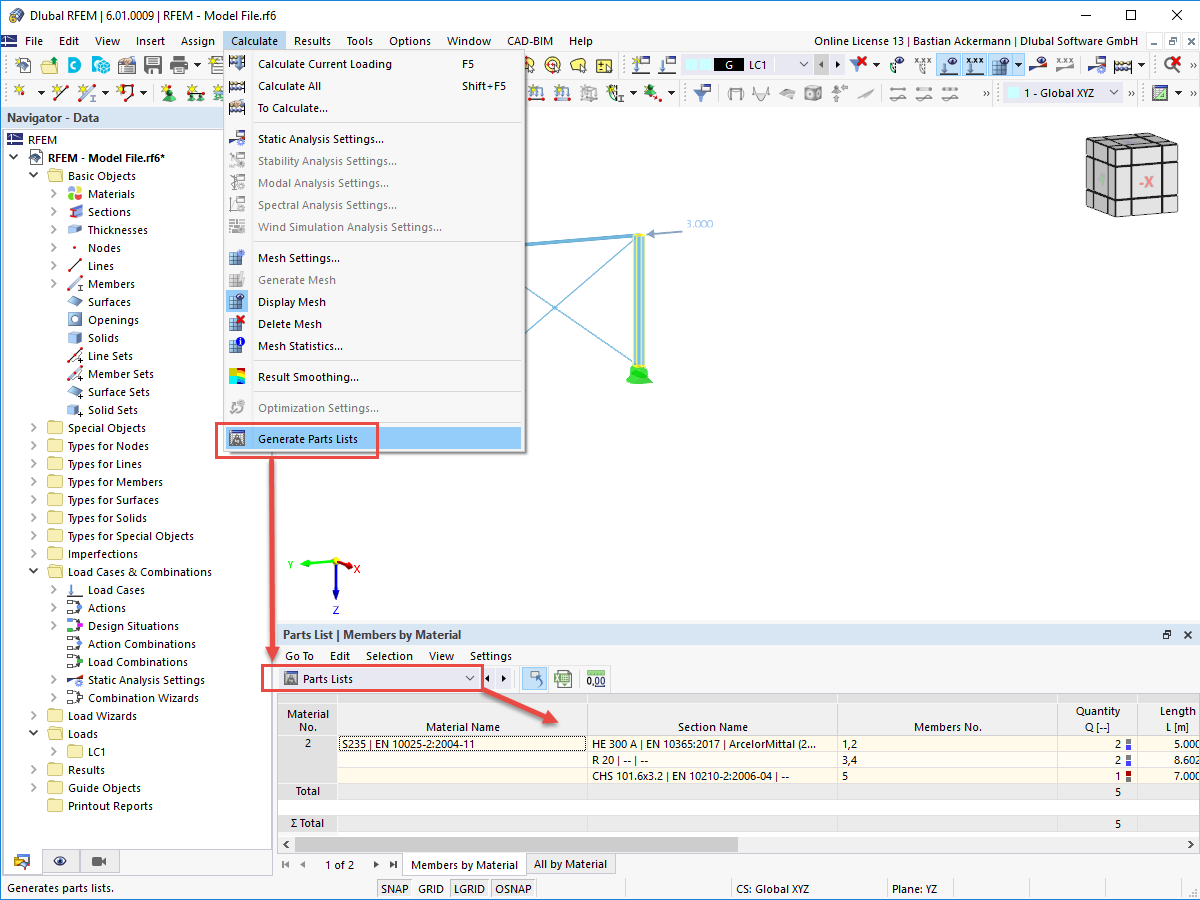 FAQ 005145 | Come posso generare elenchi di parti in RFEM 6 e RSTAB 9?