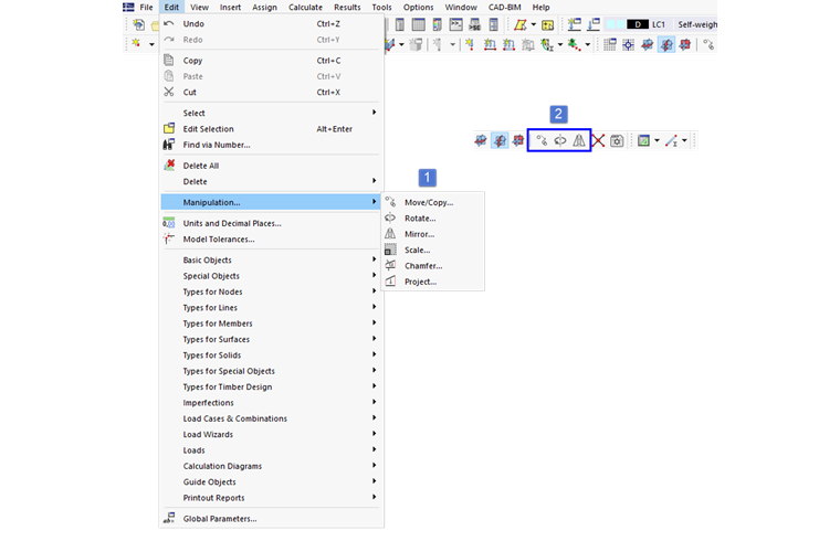 Strumenti di modellazione nel menu "Modifica" e pulsanti nella barra degli strumenti