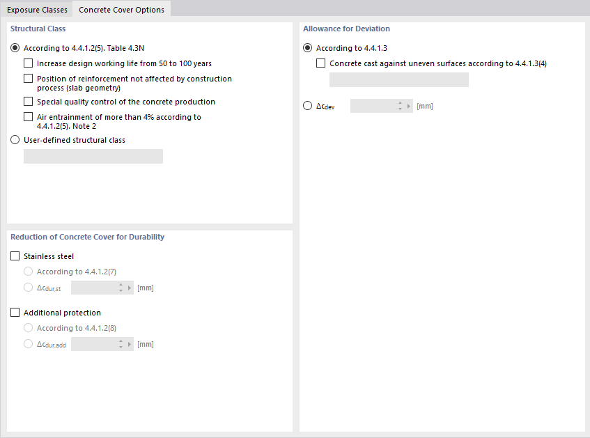 Opzioni di copertura in calcestruzzo per EN 1992 (CEN)