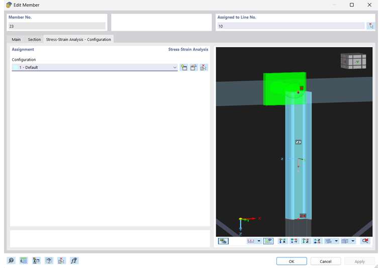 Dialogo Modifica asta, Stress-Strain Analysis - Configurazione per analisi tensione-deformazione
