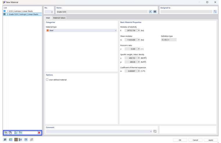 Finestra di dialogo "Modifica materiale"
